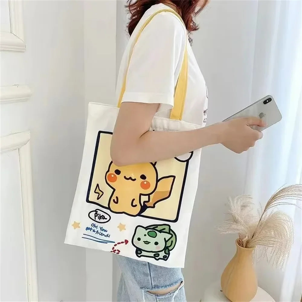 Anime Pokemon Pikachu Canvas Shoulder Bags Psyduck Squirtle Ladies Casual Handbag Reusable Large Capacity Women Shopping Bag