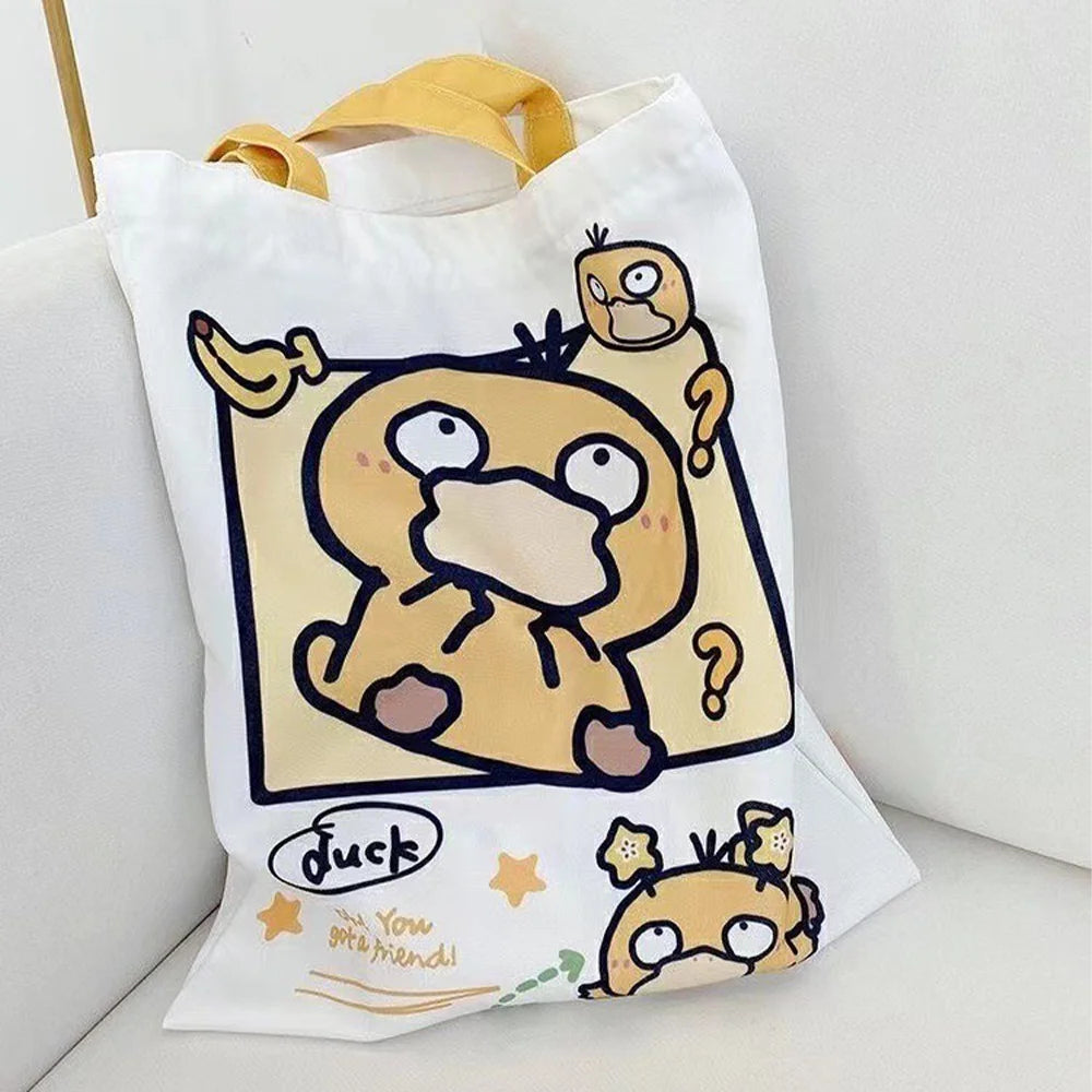 Anime Pokemon Pikachu Canvas Shoulder Bags Psyduck Squirtle Ladies Casual Handbag Reusable Large Capacity Women Shopping Bag