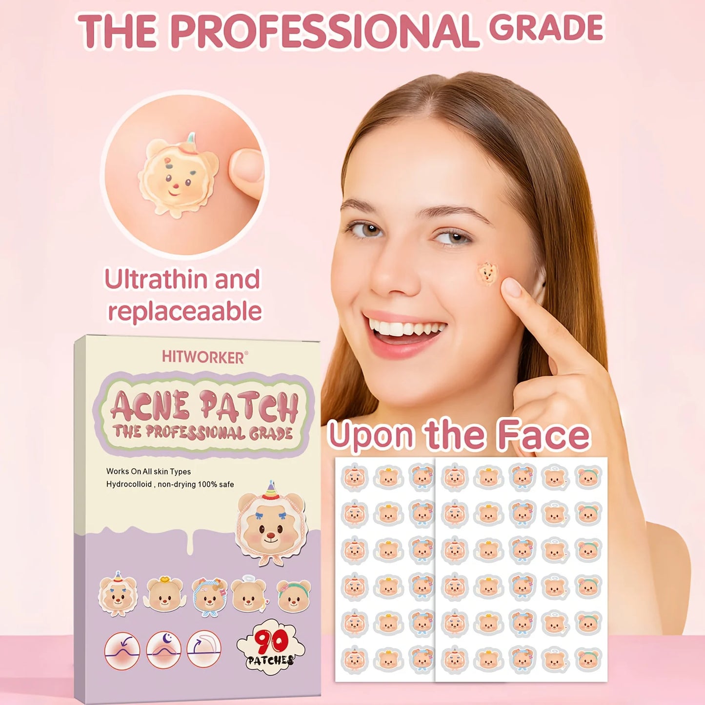90pcs Cute Pink Bear Acne Patches - Day & Night Invisible Blemish Cover Spot Treatment Stickers