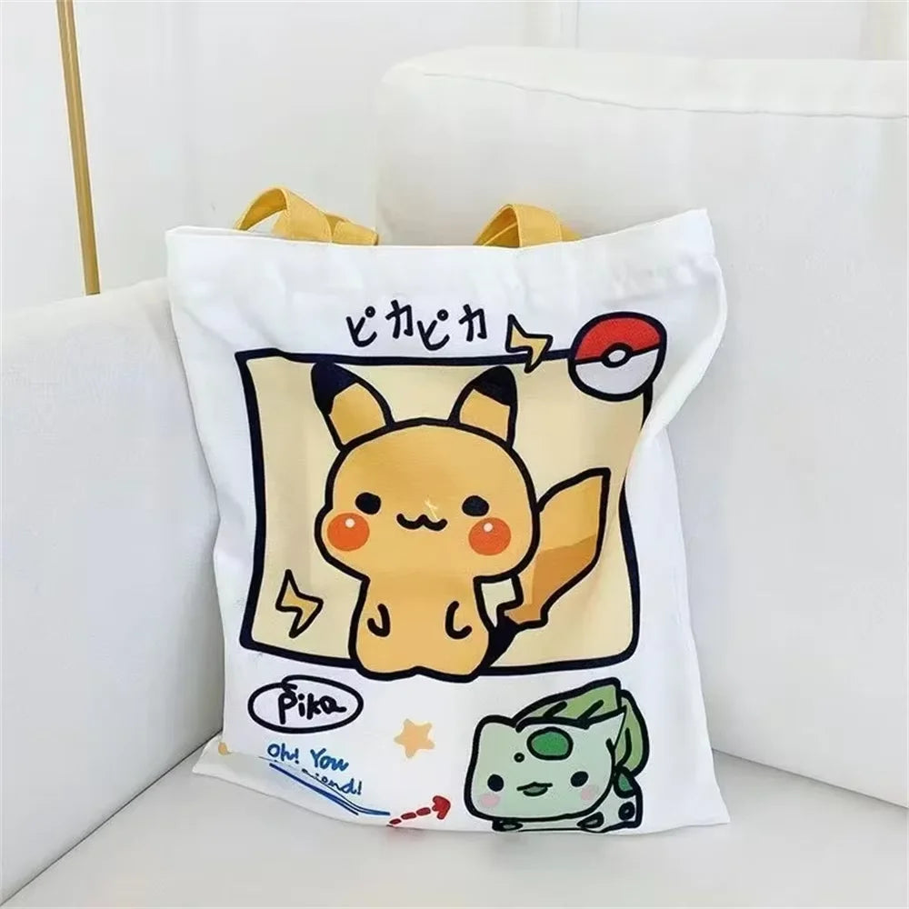 Anime Pokemon Pikachu Canvas Shoulder Bags Psyduck Squirtle Ladies Casual Handbag Reusable Large Capacity Women Shopping Bag