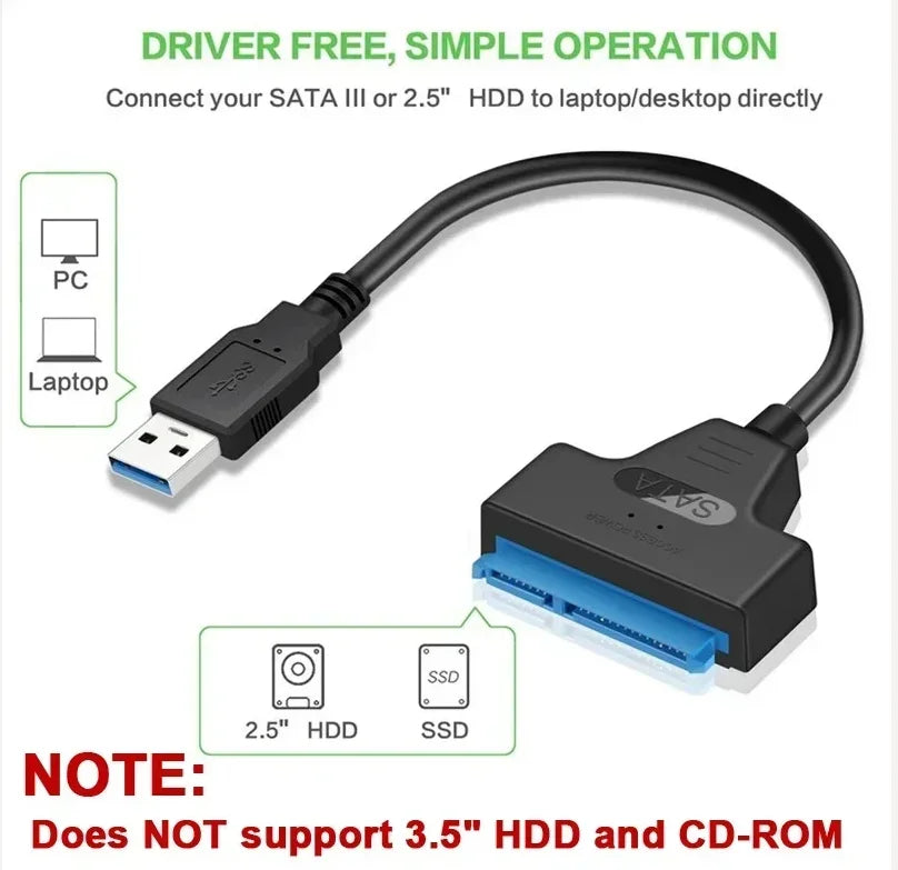 USB 3.0 to SATA III Adapter Cable - 6Gbps 2.5" HDD/SSD Converter with 22-Pin Connector for Laptop/PC (Plug & Play)