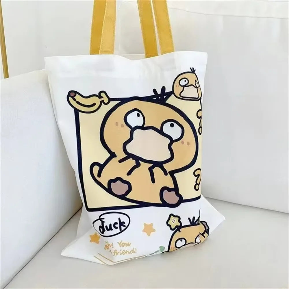 Anime Pokemon Pikachu Canvas Shoulder Bags Psyduck Squirtle Ladies Casual Handbag Reusable Large Capacity Women Shopping Bag