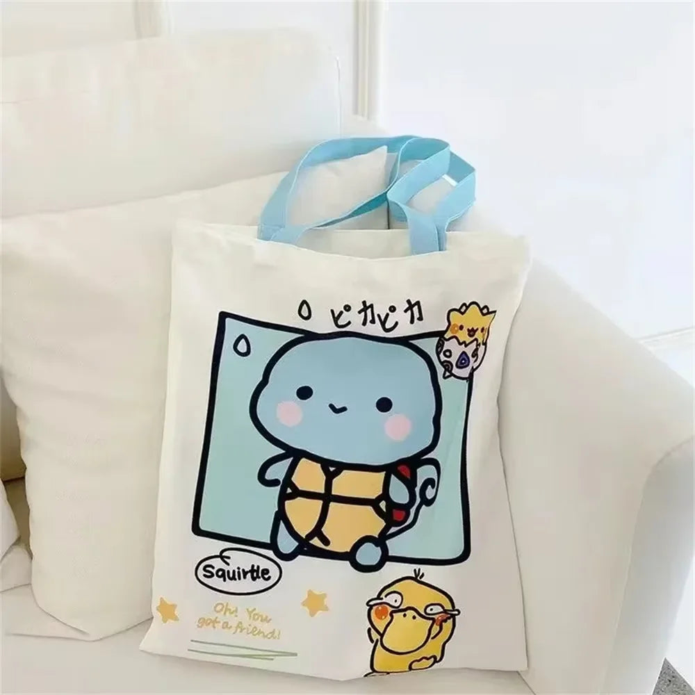 Anime Pokemon Pikachu Canvas Shoulder Bags Psyduck Squirtle Ladies Casual Handbag Reusable Large Capacity Women Shopping Bag