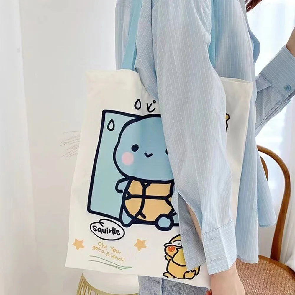 Anime Pokemon Pikachu Canvas Shoulder Bags Psyduck Squirtle Ladies Casual Handbag Reusable Large Capacity Women Shopping Bag