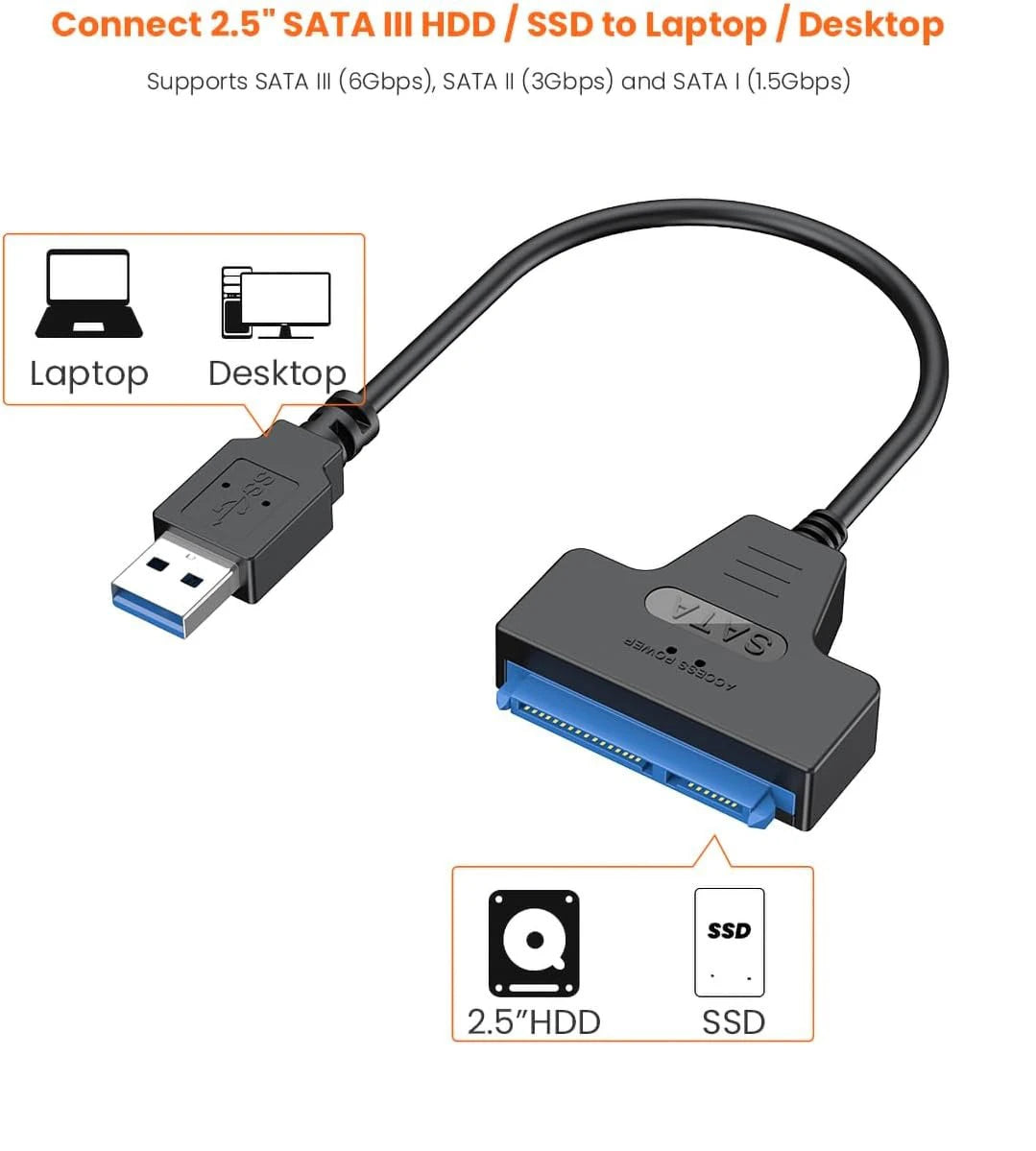 SATA to USB 3.0 Cable, USB 3.0 to SATA Adapter, Compatible with 2.5" SATA III HDD&SSD Hard Disk Driver