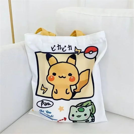Anime Pokemon Pikachu Canvas Shoulder Bags Psyduck Squirtle Ladies Casual Handbag Reusable Large Capacity Women Shopping Bag